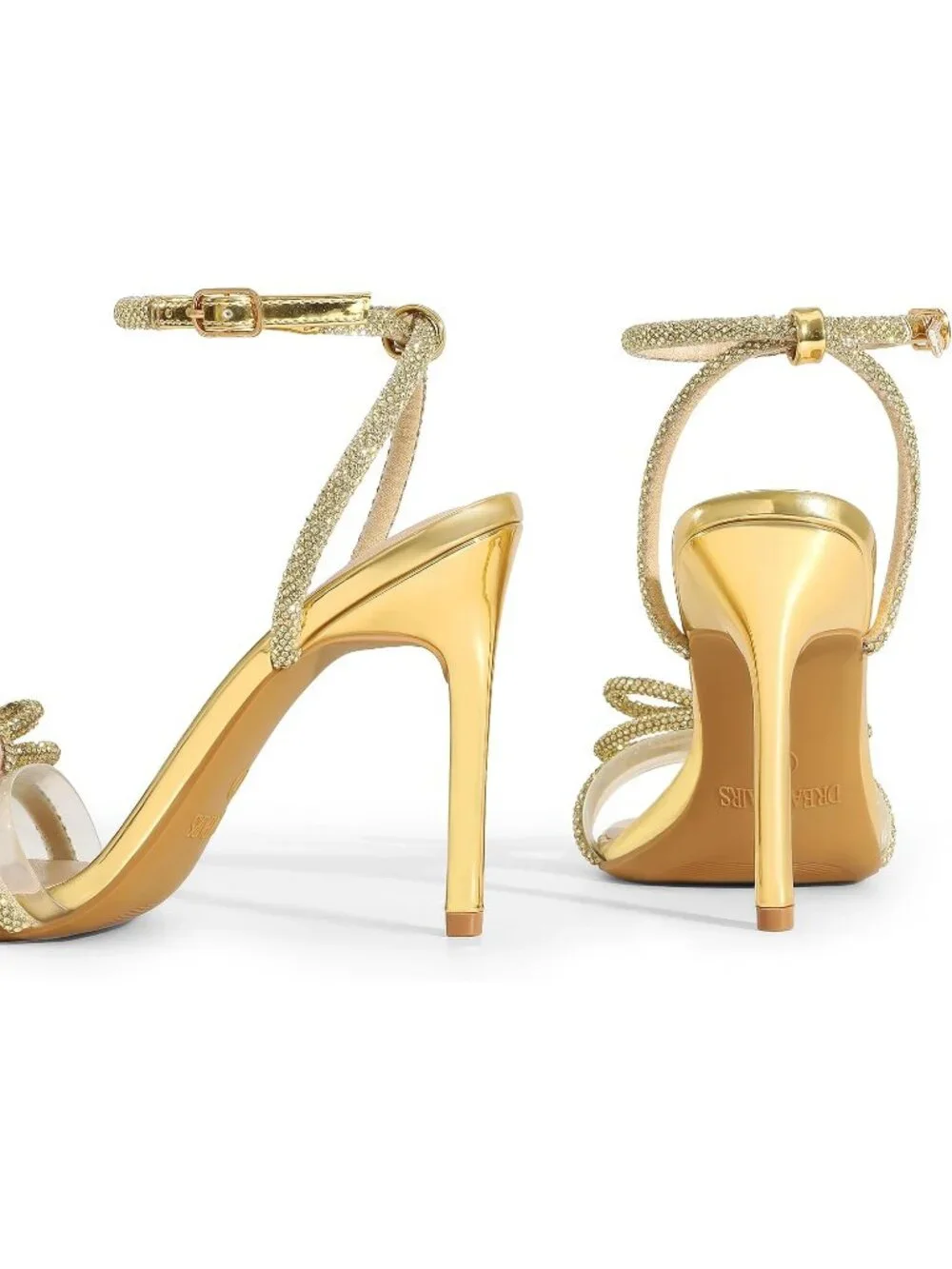Women's Gold Rhinestone Double Bowknots Crystal Clear Slingback Square Toe Heels